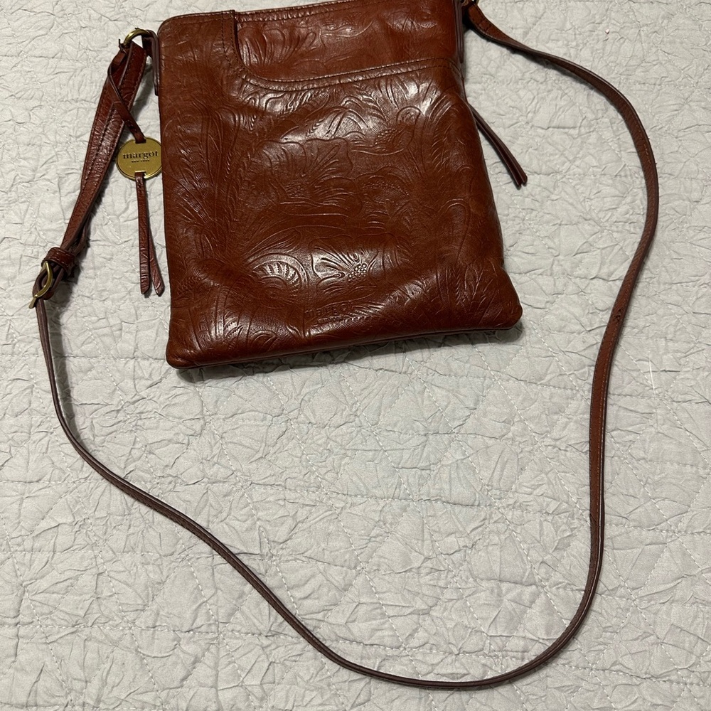 Margot Brown Leather Crossbody Bag with Adjustable Strap tooled leather